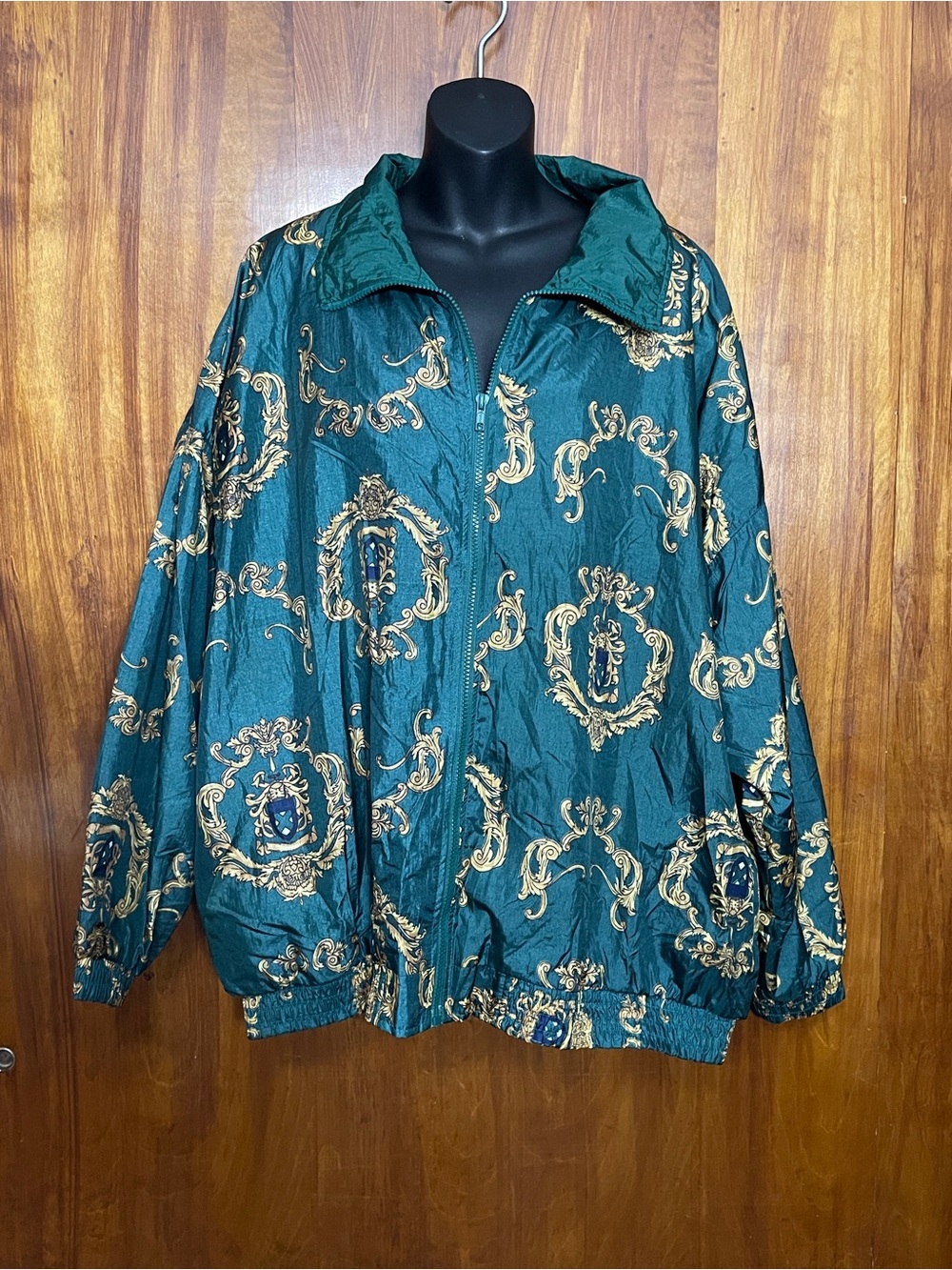 Vintage 90s Slade Unisex 3X Green Gold Baroque Crest Full Zip Lined Windbreaker - Picture 1 of 6